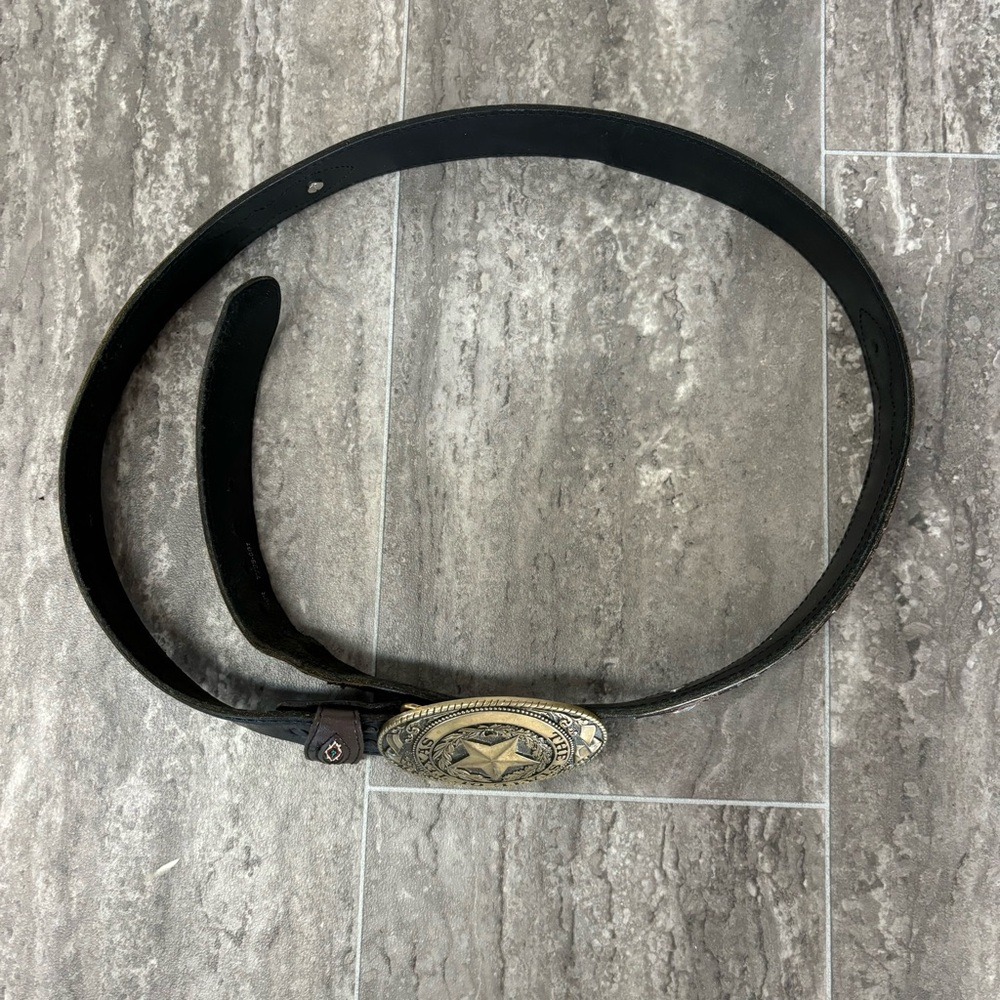 Vtg Tony Lama State of Texas Brass Buckle Western Leather Belt Concho 48” Aztec - Picture 11 of 14